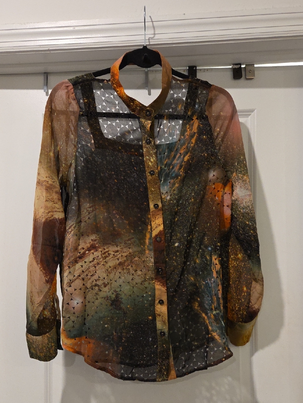 Anama Multicolor Sheer Printed Button-Up Blouse Size M!